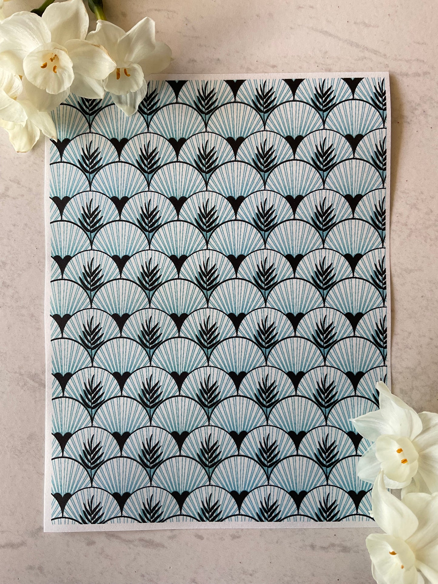 Art Deco Palms & Fans Scallops in Sky Blue Collab Colour Water Soluble Transfer - Me Oh My Graphics x Coral Cockatoo 20