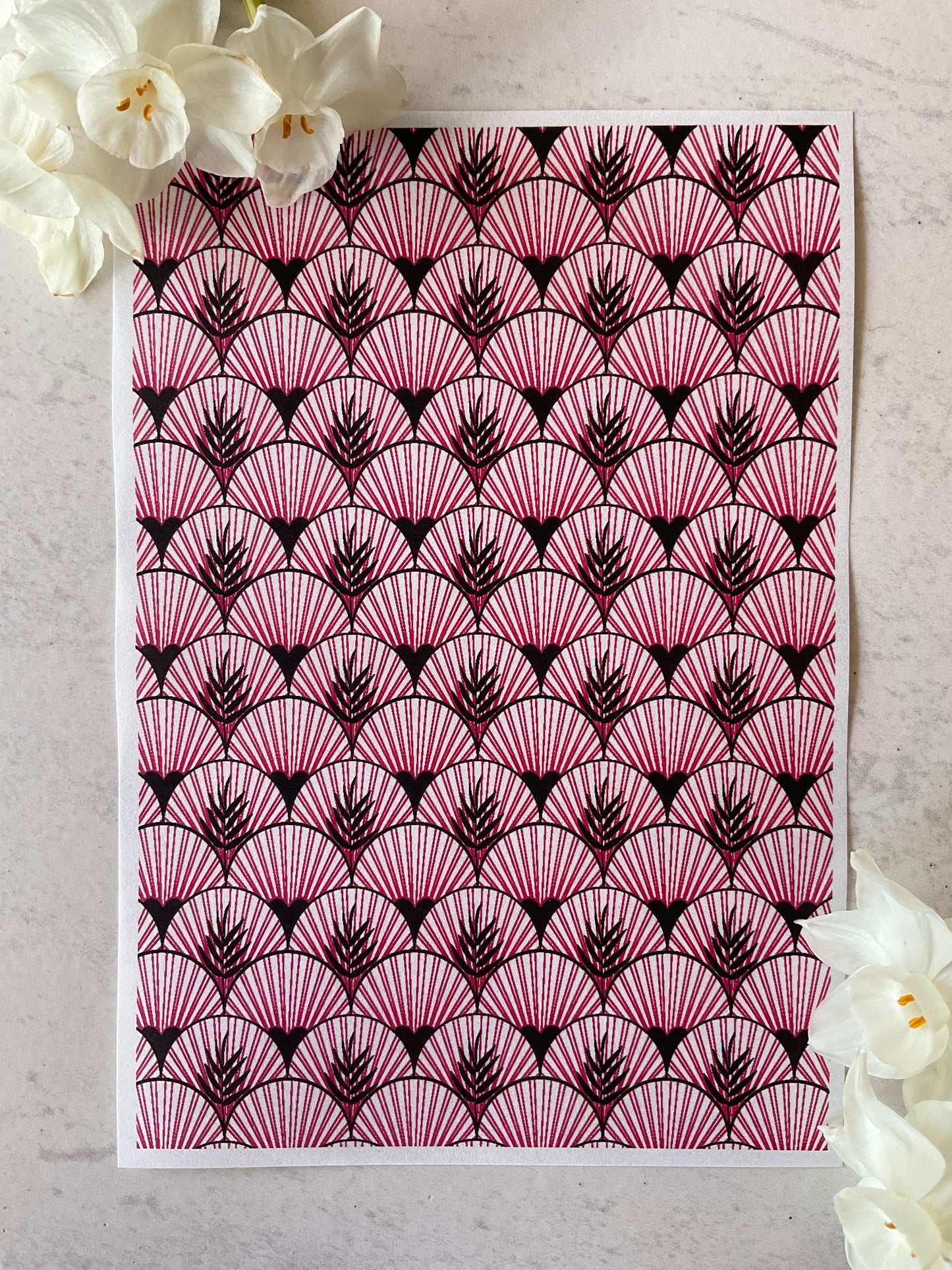 Art Deco Palms & Fans Scallops in Ravishing Raspberry Collab Colour Water Soluble Transfer - Me Oh My Graphics x Coral Cockatoo 22