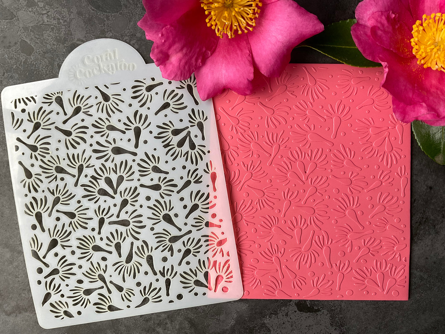 Coral Cockatoo Eucalyptus Blossoms Stencil 030