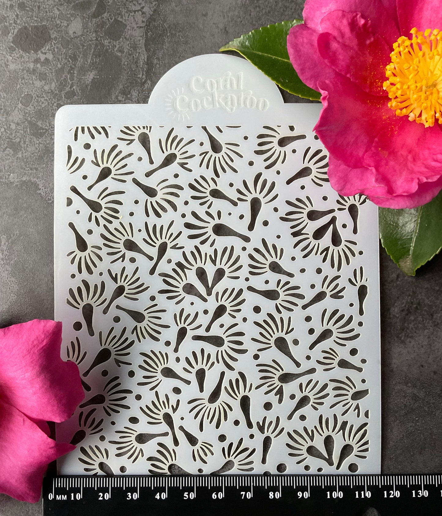 Coral Cockatoo Eucalyptus Blossoms Stencil 030