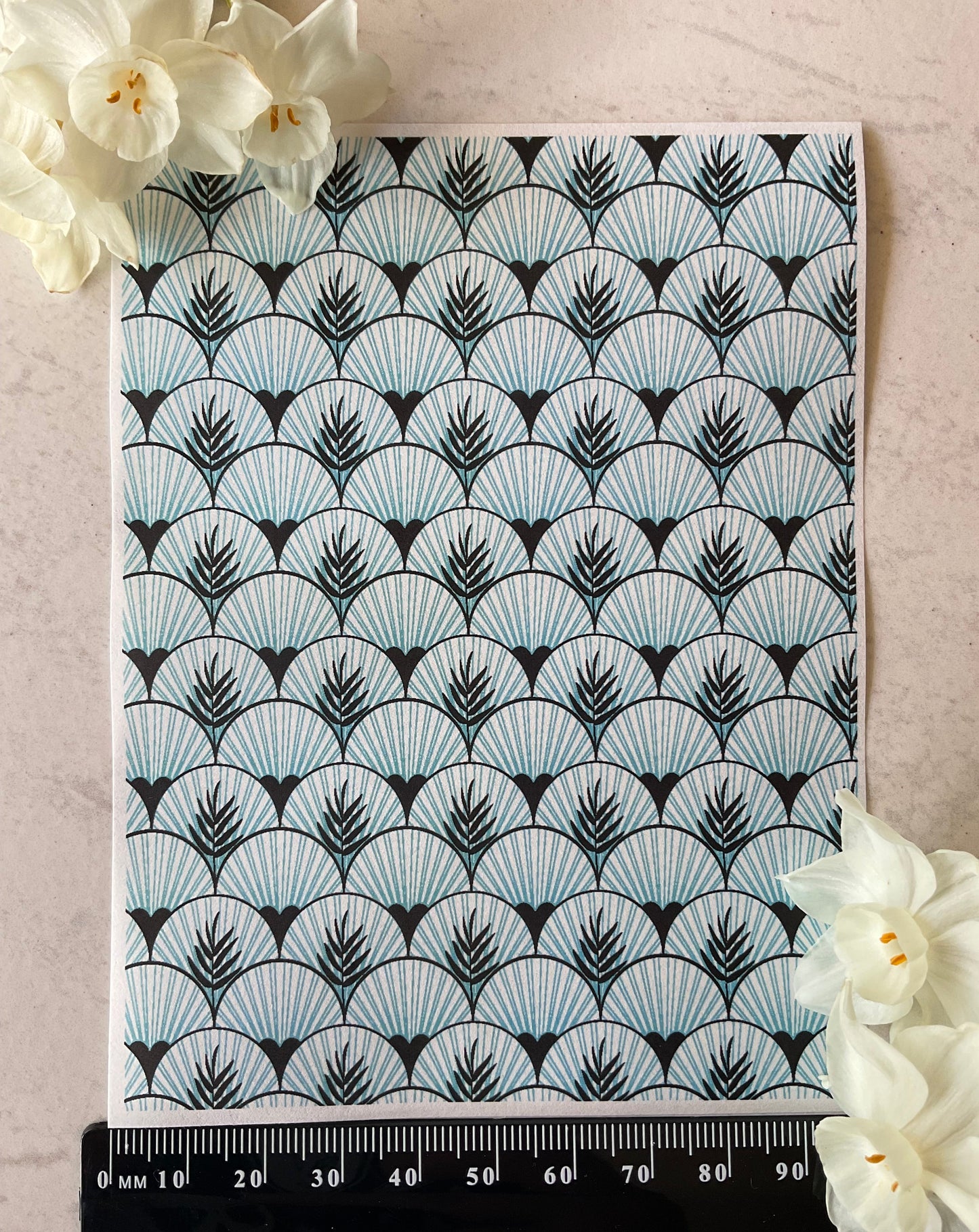 Art Deco Palms & Fans Scallops in Sky Blue Collab Colour Water Soluble Transfer - Me Oh My Graphics x Coral Cockatoo 20