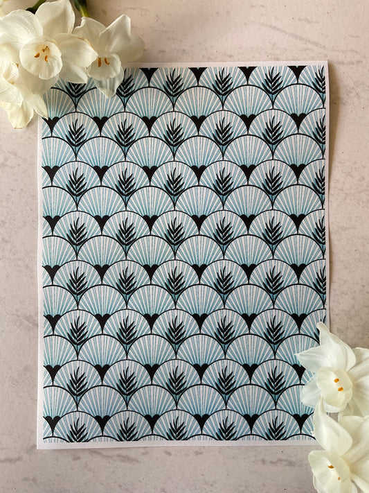 Art Deco Palms & Fans Scallops in Sky Blue Collab Colour Water Soluble Transfer - Me Oh My Graphics x Coral Cockatoo 20