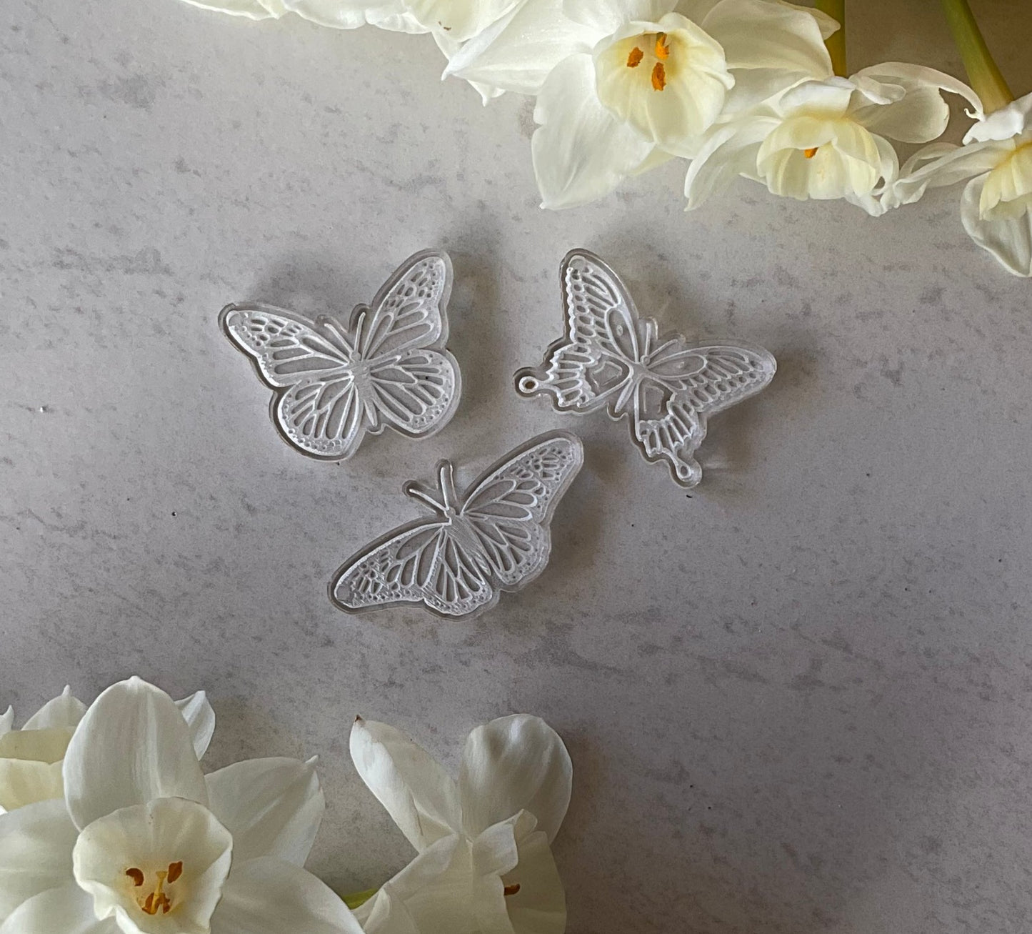 Clear Fritillary Butterfly Acrylic Charm Pair