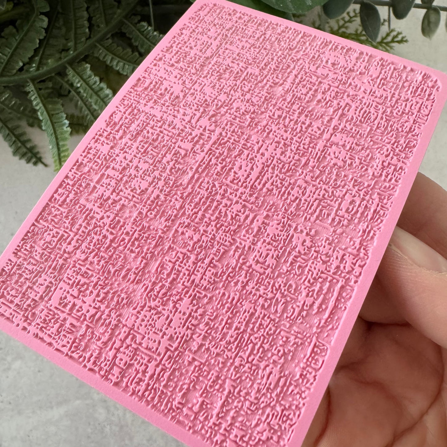 Pink textured card held by a hand with a plant in the background