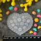 A heart-shaped clear plastic craft mold with floral and crescent moon cutouts, displayed on a dark textured surface surrounded by yellow and pink flowers, small colorful flower pieces, and a black ruler at the bottom.