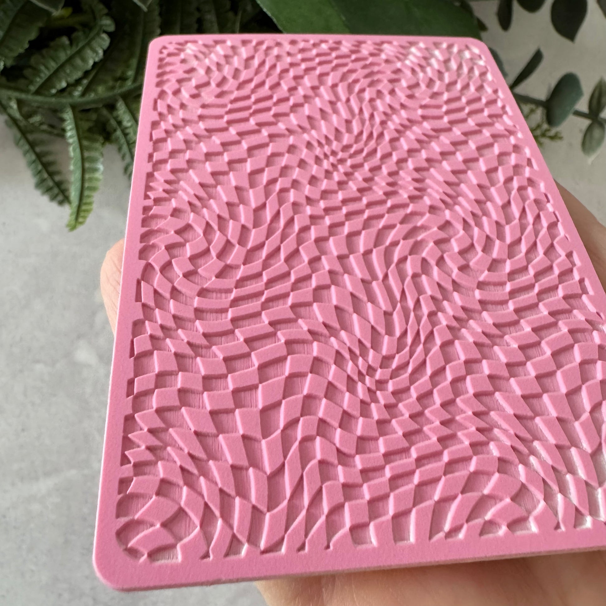 Pink textured square object held by a hand with a blurred green plant background