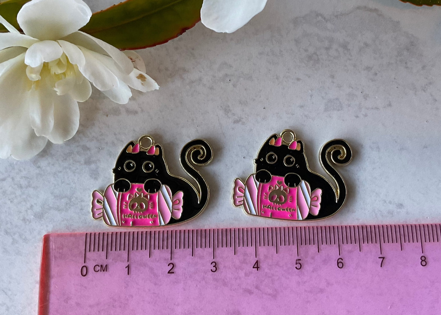 Black Demon Candy Cat Enamel Charm 30 mm 2 Pieces