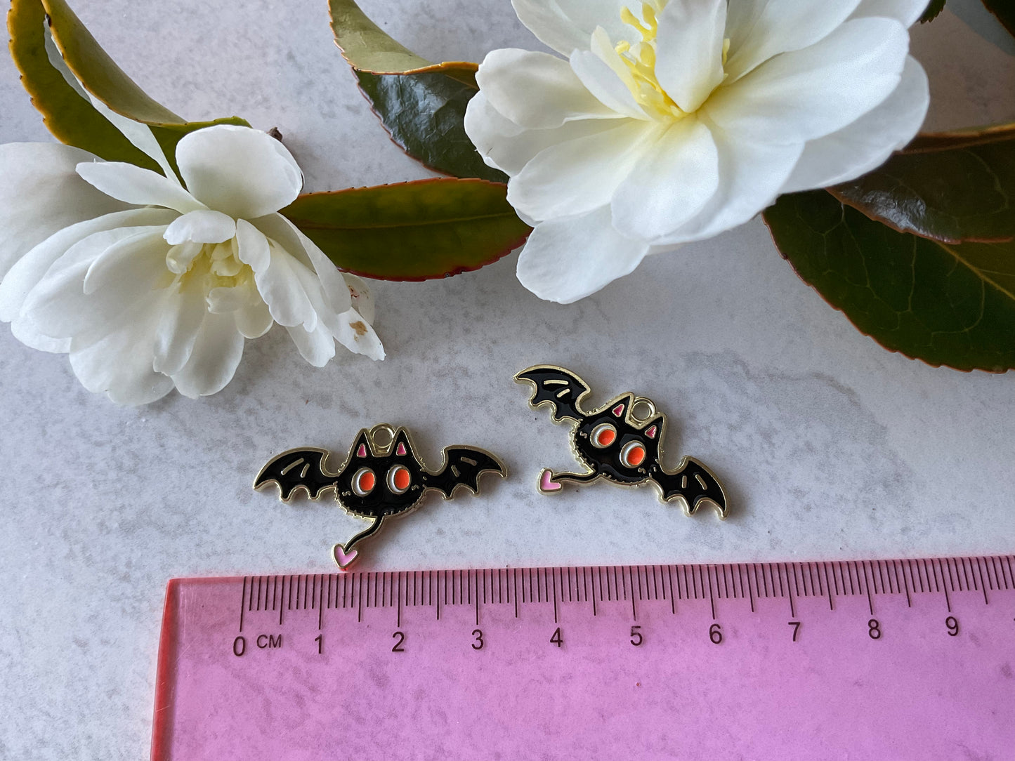 Black Demon Bat Cat Enamel Charm 35 mm 2 Pieces