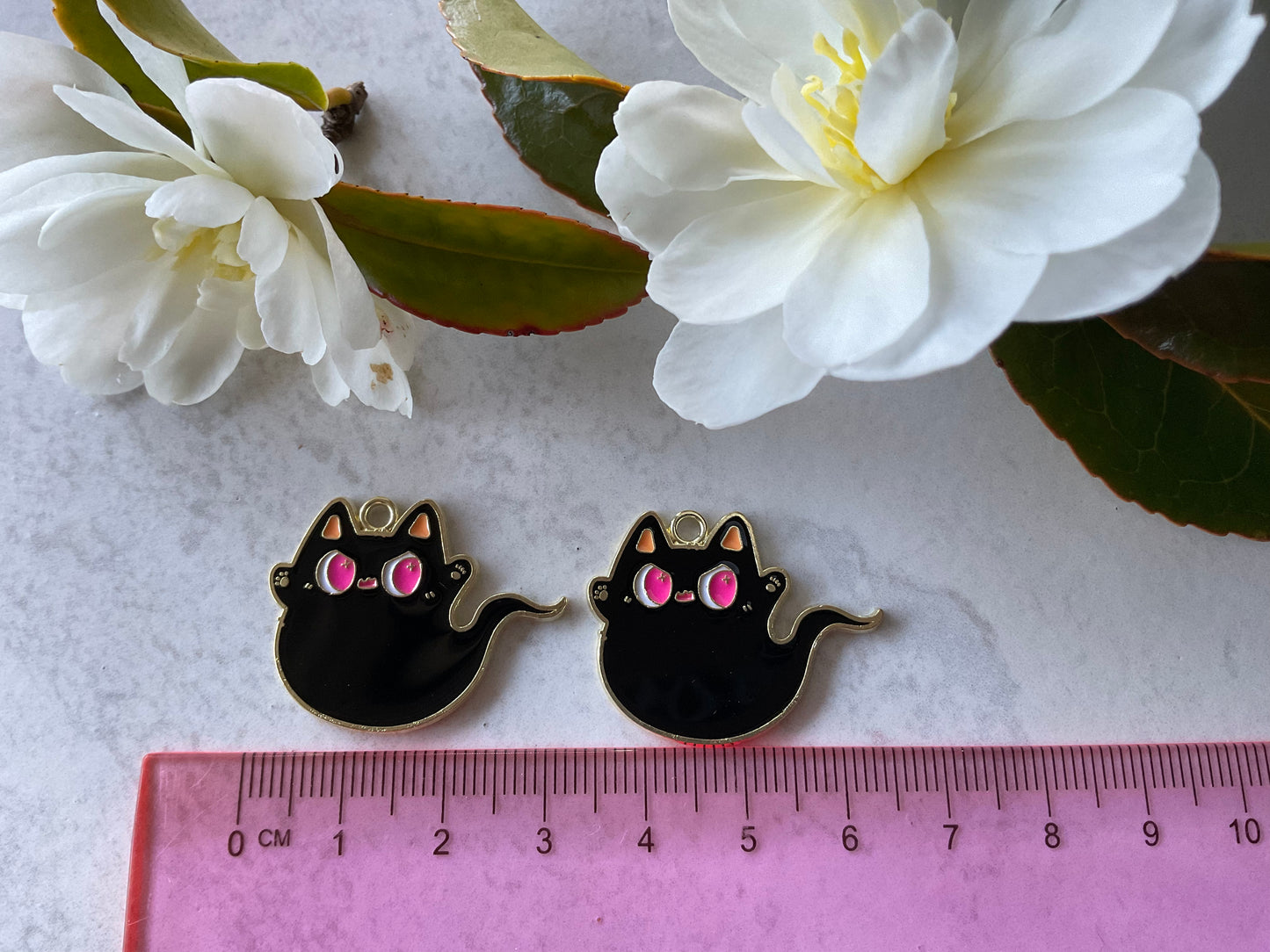 Black Ghost Cat Enamel Charm 30 mm 2 Pieces